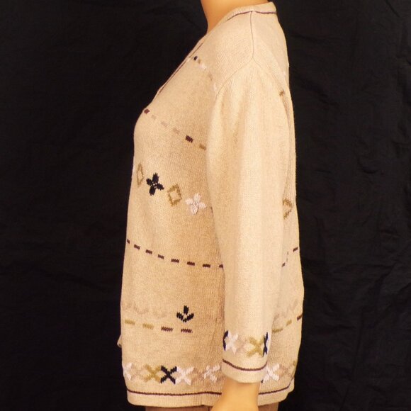 CHRISTOPHER & BANKS size L Jrs. beige (mostly) hand-embroidered cardigan sweater - Picture 9 of 16